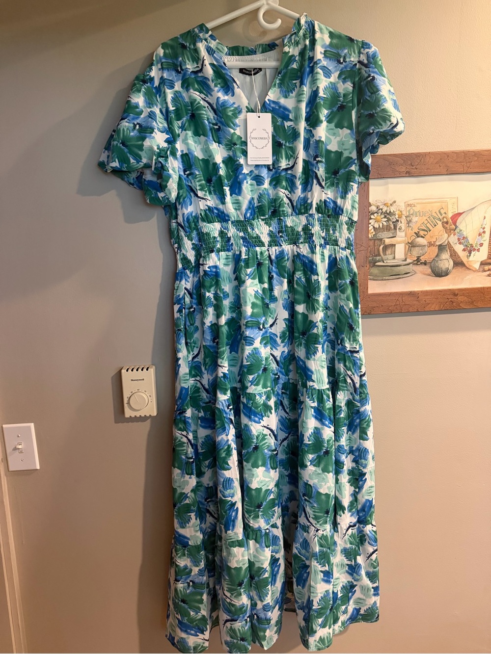 Floral Green & Blue Midi Dress with Smocked Waist